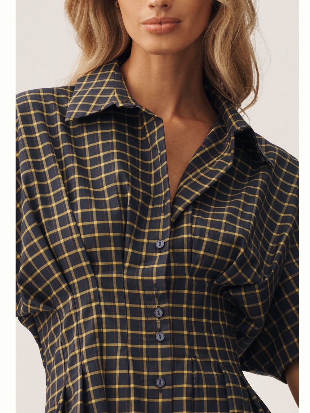 Exquise Tobie Short-Sleeve Pleated Mini Shirt Dress Navy Plaid Anthropologie - Picture 3 of 13